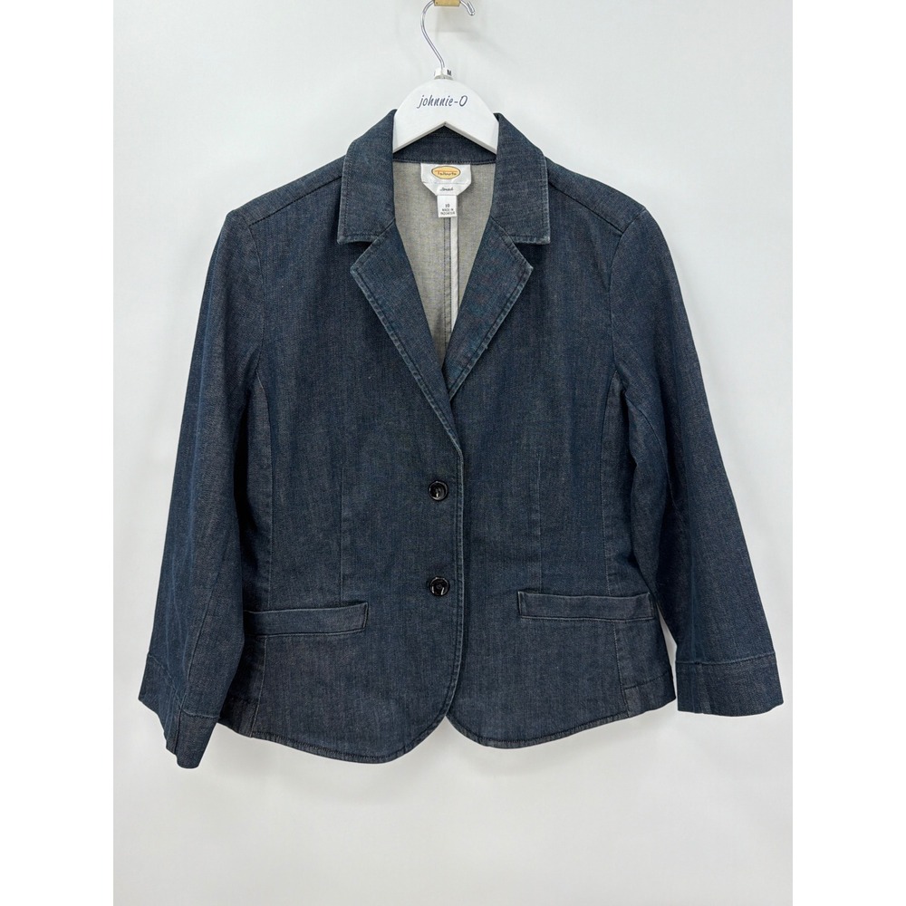 Talbots Womens‎ Denim Blazer Jacket Dark Wash Stretch Indigo Size 10 Two Button